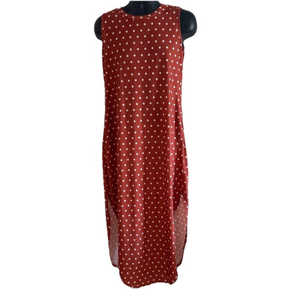 Anrabess Women's Midi Dress Sz M Caramel Camel Brown Color W Polka Dots Pockets